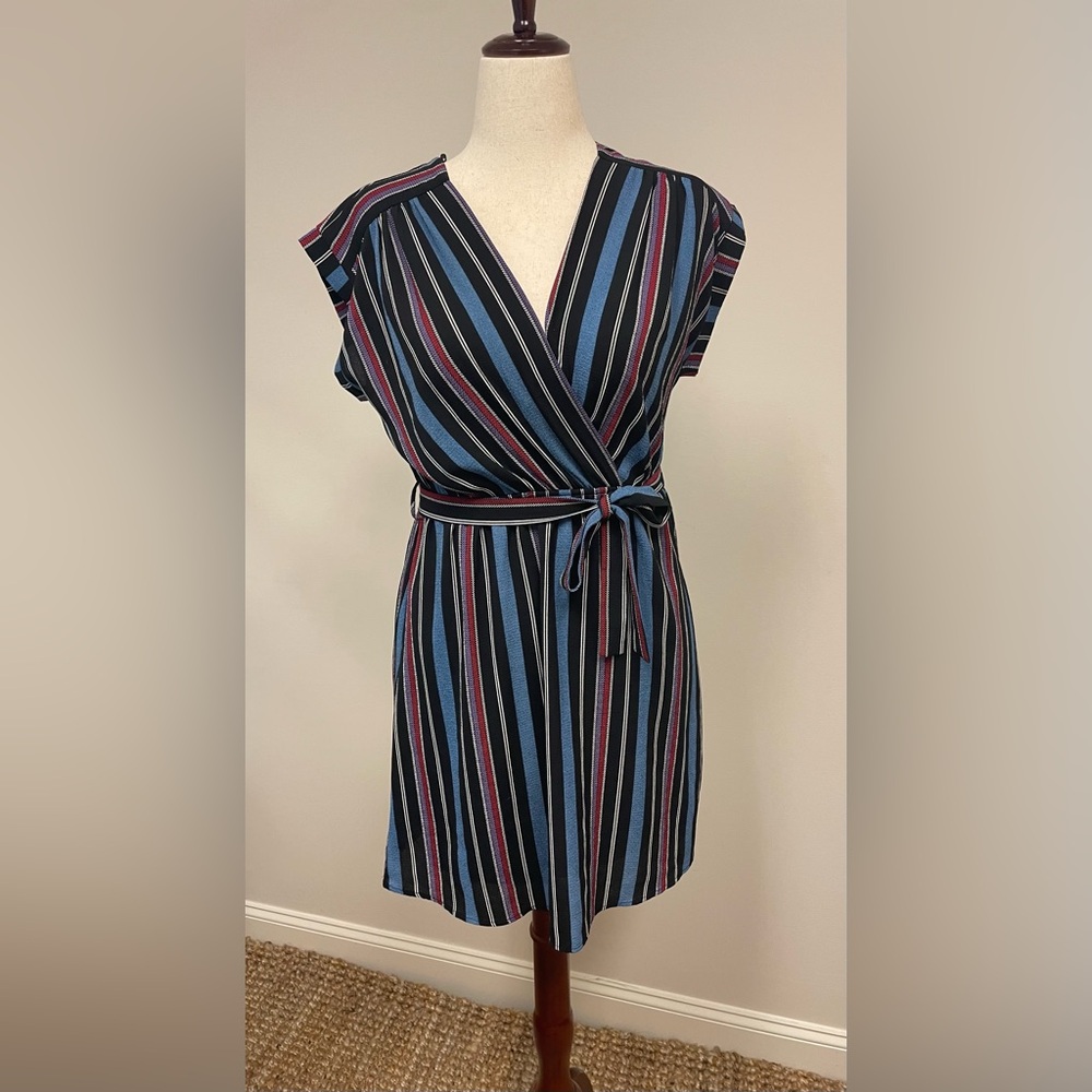 Monteau Black and Blue Striped Wrap Dress